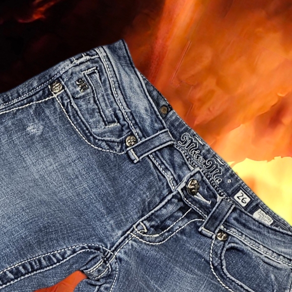 Miss Me Blue Boot Cut Jeans with Rhinestone Fleur-de-Lis - Picture 3 of 7